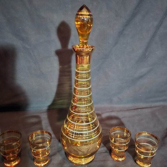 Vintage Bohemia Czechoslovakia Amber Gold Decanter Set (4 Glass / 1 Decanter) - Picture 4 of 6